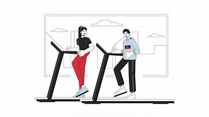 Diverse friends training in gym line 2D animation. Happy korean woman with latin male on treadmills 4K motion graphic. Healthy lifestyle linear animated cartoon flat concept, white background