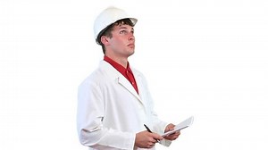 Inspector looks up at object and marks checklist.