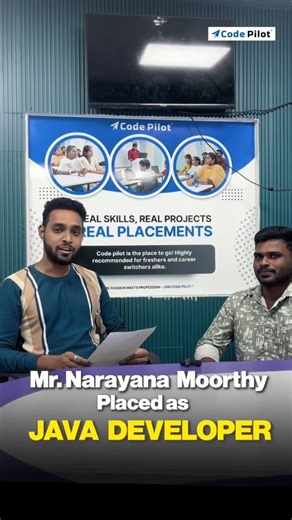 CodePilot on Instagram: "FROM LEARNING TO LANDED! 🚀 ​Huge congratulations to Mr. Narayana Moorthy on his successful placement as a Java Fullstack Developer! 🏆 ​He stayed consistent, mastered the grind of Java, Spring Boot, and Web Tech, and it paid off. Seeing our students transform into industry professionals is exactly why we do what we do. ​The Java Fullstack Journey: ​Core & Advanced Java mastered ✅ ​Frontend & Backend integration ✅ ​Ready to disrupt the tech world ✅ ​Drop a "👏" to congra