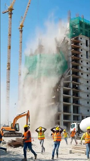 Construction workers run from falling building debris.