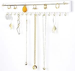Hanging Jewelry Organizer Wall Mounted Necklace Hanger with 14 Hooks, Wood Jewelry Rack Necklace Holder with Adhesive Hooks for Super Simple Installation (Also Comes with Screws) -White
