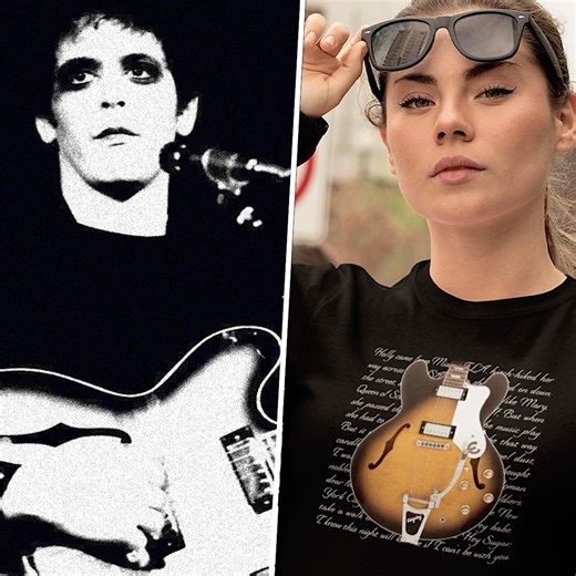 Guitar t-shirts from the Rock’n’Roll Redux T-Shirt Collection. Featured here: David Bowie's Dual Tone, Jimi Hendrix's Strat, Paul Simonon's Fender Precision, Mick Ronson's stripped down Les Paul, Keith Richards Macawber, Lou Reed's Epiphone Riviera, Jimmy Page's Les Paul #1, Bryan Ferry's Hagstrom Blue Sparkle, Noel Gallagher's Union Jack Epiphone, Steve Jones Glamour Girl Les Paul, Annie Clark's fluorescent Ernie Ball and John Lennon's Epiphone. These unique designs are exclusive to John7Arts /