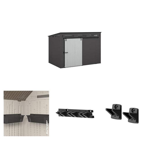 Suncast Modernist 10 ft. x 7 ft. Peppercorn Shed with (2) 24 in. & (2) 4.25 in. Black Tool Accessory Kit and (2) 25 in. Baskets - The Home Depot