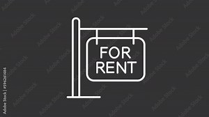 Animated rent sign white line icon. Rental house. Investment property. Seamless loop HD video with alpha channel on transparent background. Outline motion graphic animation for night mode