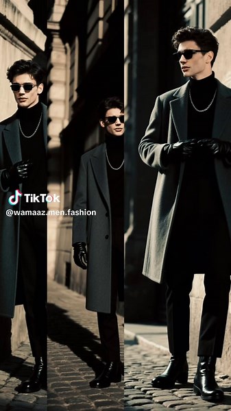 Dapper in the City: Wamaaz Men 🖤 Elevate your cool-weather style with this sleek look! Command attention with this sophisticated ensemble. A timeless grey overcoat pairs perfectly with a black turtleneck, sharp tailored trousers, and polished black boots. Accessorized with sleek sunglasses, a silver chain, and refined leather gloves, this outfit is the epitome of modern masculine elegance. #WamaazMen #MensStyle #WinterFashion #Turtleneck #Overcoat #Menswear #ElegantFashion #DapperMen #FormalSty