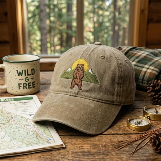 Embroidered Standing Bear Hat, Grizzly Nature Dad Cap, Mountain Sunrise Headwear, Forest Wildlife Gift, Camping Apparel, Wilderness Bear Hat - Etsy