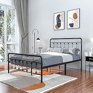 Metal Bed Frame Full Size with Vintage Headboard and Footboard, Solid Sturdy Steel Slat Support Mattress Foundation, No Box Spring Needed, Steel Grey