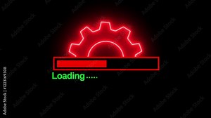 Waiting loading bar animation, software update icon .Loading Animation of white color loading bar isolated with gears on black background. is indicated by a dot. Load dot icons.