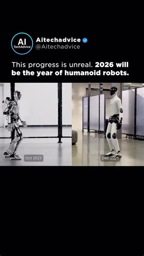 AI I Business I Tech on Instagram: "Two years. That’s all it took. In 2023, humanoid robots walked like nervous toddlers. Stiff legs. Awkward balance. Arms doing their own thing. Fast forward to 2025 👇 Figure moves with confidence. Tesla’s Optimus walks like it knows where it’s going. Smoother balance. Longer, faster strides. Natural arm swing. Almost… human. And here’s the part people are quietly ignoring 👀 This wasn’t a slow evolution. This was a movement leap. Control systems got smarter. R