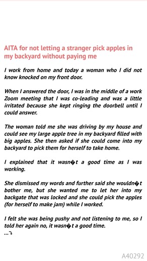 AITA 💋 for not letting a stranger pick 💋 apples in my 🚈 😂 backyard without paying me % | BLACKHOLE