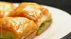 Local Turkish baklava on a white plate in a 360 degree rotating display case with studio light