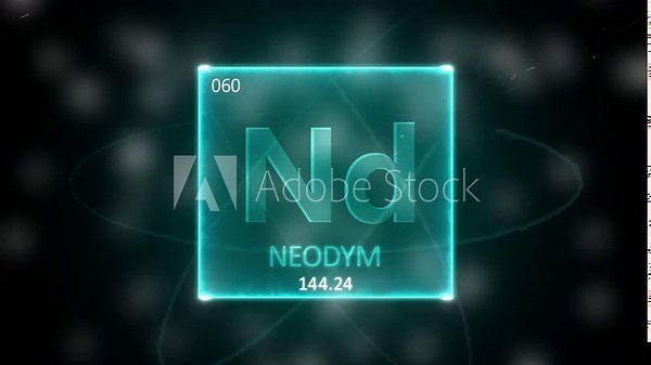 Neodymium as Element 60 of the Periodic Table. Seamlessly looping 3D animation on blue illuminated atom design background orbiting electrons name, atomic weight element number in German language