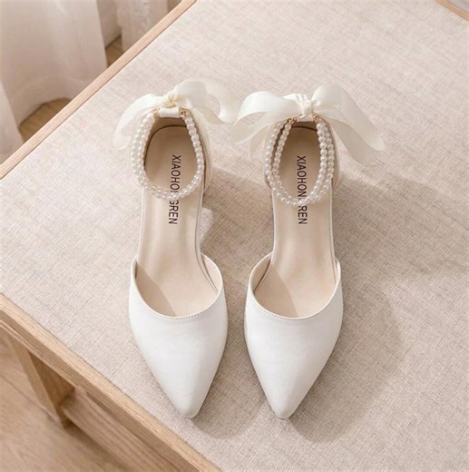 Elegant White Pointed Toe Mary Jane Wedding Shoes With Pearl Ankle Strap and Satin Ribbon Bow, Vintage French Style Bridal Flats for Bride - Etsy