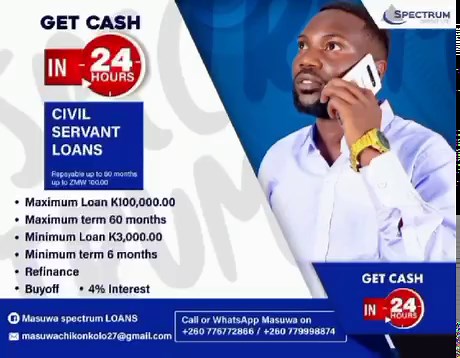 11 reactions | DID YOU KNOW THAT SPECTRUM CREDIT LTD IS THE BEST LENDING INSTITUTION IN ZAMBIA If you want to get a loan at a very low interest rate, the place to be is Spectrum Credit Ltd. Their loans do not stress the payslips. Call Masuwa on 0776772866 let's get the job done @masuwa_spectrum LOANS | Zambian Teachers Corner | Facebook