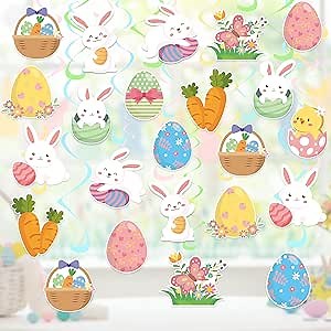 24PCS Easter Hanging Swirl Decorations Easter Eggs Bunny Ceiling Decorations Easter Party Decorations for Birthday Home Office Classroom Spring Decorations