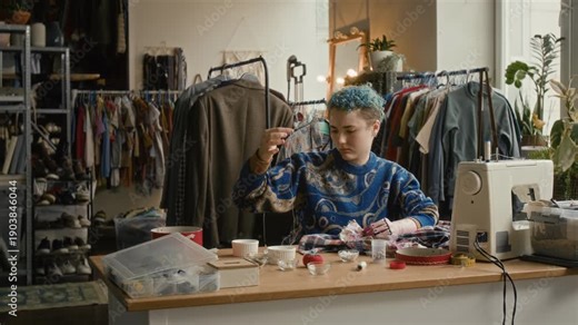 Young woman with short blue hair and prosthetic arm sewing up clothes at her workstation in modern thrift shop