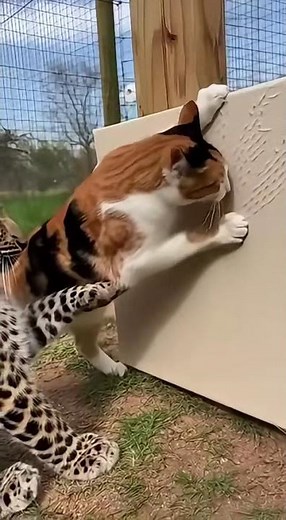Calico Cat Teaches Leopard Cub How to Scratch! 😼🐆 #cat #leopard
