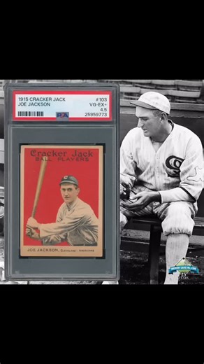 Joe Jackson’s 1915 Cracker Jack card remains one of the most visually iconic issues of the prewar era, and this example presents beautifully for the grade. With its bold red background and timeless portrait, the card captures Shoeless Joe at the height of his stardom, when his bat was among the most feared in baseball. Graded PSA 4.5 VG-EX , it offers strong eye appeal, balanced color, and the honest character collectors expect from a century-old classic. Cracker Jack cards were meant to be hand