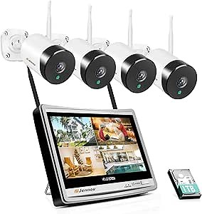 Security Camera System Wireless All in one with 12" Monitor, Jennov 4 Channel Wireless Home Security Camera System with 4PCS 2.0MP 1080P Indoor/Outdoor WiFi Security Camera 1TB Hard Drive Free App