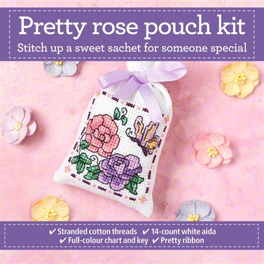 Subscribe today so you don't miss out on this pretty pouch kit - your gift with issue 354 of The World of Cross Stitching magazine! 😍 The rose pouch kit includes 14-count white aida, stranded cottons, pretty grosgrain ribbon and a chart and key 🌹 Subscribe by 12th November to secure issue 354 as your first issue PLUS receive a super PURElite magnifying lamp as well: www.ourmediashop.com/WCP354 | The World of Cross Stitching