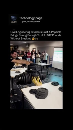 It's Techno World on Instagram: "Civil engineering students blew everyone away by crafting an insane popsicle‑stick bridge that held an astonishing 947 pounds without snapping! 🎉👷‍♂️🔧 The project showcases pure ingenuity, teamwork, and the magic of turning everyday materials into a powerhouse of strength. Imagine the precision and calculations behind stacking those heavy weight plates on a tiny wooden structure—talk about pushing the limits of material science and design! This epic experiment