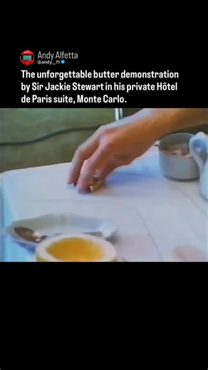 Andy Alfetta on Instagram: "• Monaco Butter Tactic by the Masterclass Man 🧈 Sir Jackie Stewart the Three-time World Champion was and is often described as the “Thinking Man’s Champion.” and a “Master of his Craft” due to his smooth, analytical style. In this clip, Stewart provides a masterclass on how to navigate the Monaco circuit. The footage was filmed during a leisurely breakfast in Stewart’s private suite at the famous Hôtel de Paris Monte-Carlo overlooking the track. And because film dire