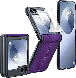 for Samsung Galaxy Z Flip 6 Case/Z Flip 7 FE Case with Hinge Protection & Built-in Screen Protector, Ultra Thin Leather Shockproof Cover Phone Case for Galaxy Z Flip 6/Z Flip 7 FE-Purple