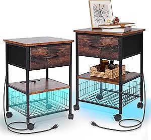 Night Stand Set 2 with RGB LED and Charging Station, Wheeled Removable 3-Tier Nightstand Fabric Storage Drawer and Metal Basket, Side Table for Bedside, Rustic Brown Bedside Table
