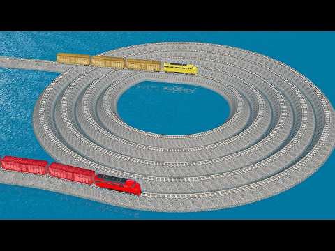 Colorful Double Train vs Infinity Ceil Loop Impossible Rails Track Crossing Deepwater | BeamNG.drive