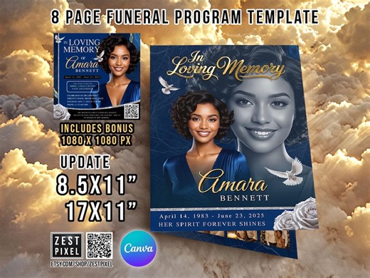 Elegant Blue Funeral Program Template: 8-page Obituary Booklet (PDF Download) - Etsy