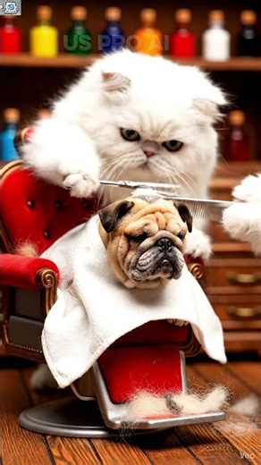 “Dog Makeover Mode” – Cat barber on duty! 🐶💈