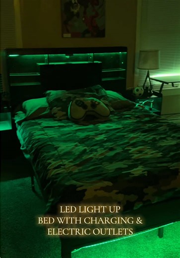 LED LIGHT UP BED with pull down tray | electric outlet | usb c and a charging ports | shelves | full size bed frame and headboard #homedecor #ledlights #bedroomdesign