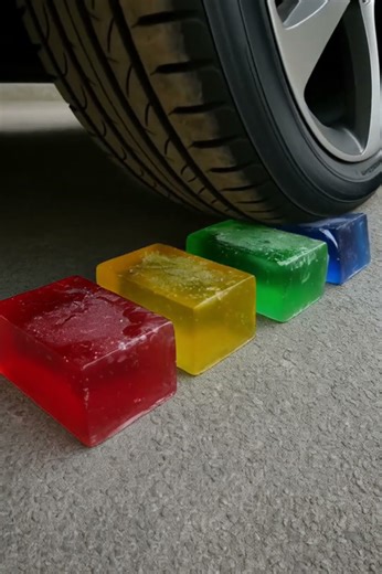 Car vs 4 Frozen Jelly Blocks | Colorful Crunchy & Jiggly ASMR Crush