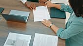 Top view, hands and signing contract paperwork in office with hr,...