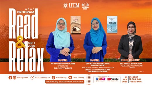 𝐓𝐚𝐫𝐢𝐤𝐡: 𝟐𝟐 𝐉𝐚𝐧𝐮𝐚𝐫𝐢 𝟐𝟎𝟐𝟔 (𝐊𝐡𝐚𝐦𝐢𝐬) ⏰ 𝐌𝐚𝐬𝐚: 𝟏𝟏.𝟎𝟎 𝐩𝐚𝐠𝐢 – 𝟏𝟐.𝟎𝟎 𝐭𝐞𝐧𝐠𝐚𝐡 𝐡𝐚𝐫𝐢 📍 Siaran Langsung di: 🔵 Facebook LIVE: @library.utm 🎙 Panel Pengulas: 👩🏻‍⚕️ Puan Iffah Binti Wan Azelee Optometris Menara Optometry Taman Universiti 📘 Eye: How It Works 👩🏻‍💼 Cik Wan Norhusna Auni Binti Sha’rani Customer Service Coordinator Menara Optometry Taman Universiti 📗 Ikigai: Cara Ikigai dalam Khidmat Pelanggan 🎤 Moderator: 👩🏻‍💼 Siti Anniza Binti Aznan P