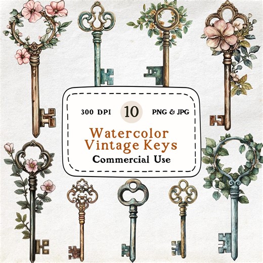 Watercolor Vintage Key Clipart Set – Antique Illustration (PNG & JPG) - Etsy