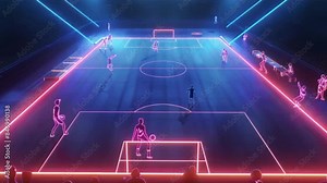 An animation showcasing a high-quality neon sports arena. It visualizes a futuristic sports event with neon lights outlining the field, the players, and the audience, enhancing the energy of the game.