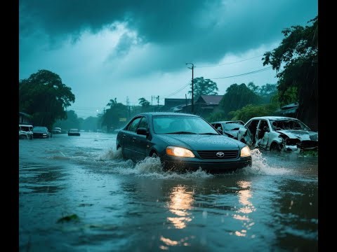 Driving through flood water at Java Tangerang