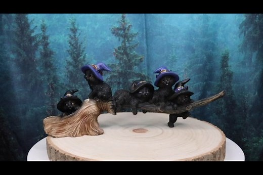 Watch 5 Black Cats with Witch Hat Riding Long Magical Broomstick on Amazon Live