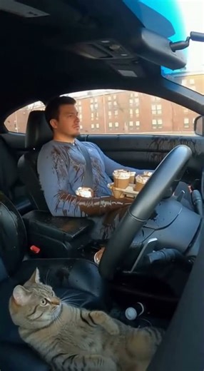 #reels #shorts 🎥 “Cat Driver Slams Brakes, Coffee Explodes Everywhere”
