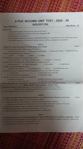 2nd puc biology second unit test question paper 2025.26