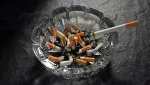 Lit cigarette with smoke lying on an ashtray filled with cigarette butts and ashes .