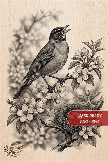 Robin Bird Blossom | Wood Plaque Engraving | Laser Etching Art | Pyrography Pattern | Digital PNG File - Etsy