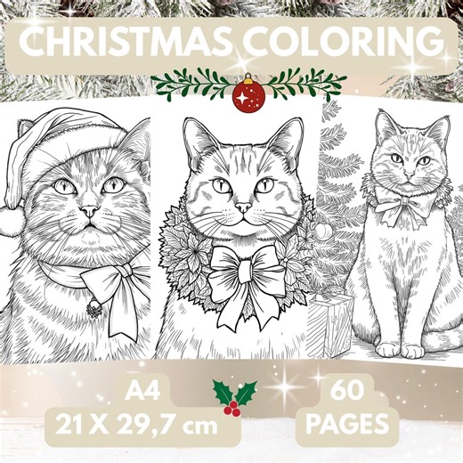 60 Christmas Cat Coloring Pages for Adult and Teenager to Print PDF - Etsy