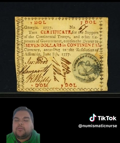 Here is a look at the 1777 issue of a Georgia Continental Currency 7 Dollar Note, from the American Numismatic Association's Revolution in Currency Series. #TikTokHistoryCampaign #AmericanHistory #coincollecting #America250 #coincollection