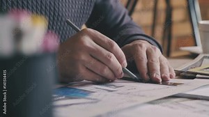 Close-up: the process of drawing. Creating a design project or drawing. Architectural drawing. Blueprint. Engineering tools on work table for architectural project. Blueprints at home office.