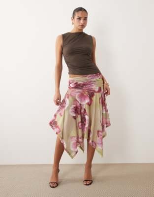 ASOS DESIGN sheer mesh hanky hem skirt in green floral | ASOS