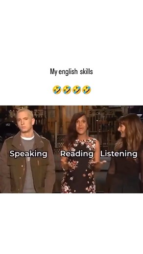 Lolnexa on Instagram: "The meme video remixes a 2013 SNL intro clip from Kerry Washington's hosting episode with Eminem as musical guest, using his flat "Two of us are having fun" quip to satirize imbalanced English skills—strong reading but awkward speaking and listening—for non-native speakers. Posted January 25, 2026, by @RealestMemes_ , it quickly gained 40k likes and 645k views, sparking replies from users worldwide relating personal struggles like audiobook speed affecting speech or transl