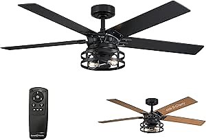 Parrot Uncle Ceiling Fans with Lights and Remote 52 Inch Black Ceiling Fan with Light Farmhouse Outdoor Ceiling Fans for Patios Bedroom, 1 Piece