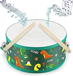 Boao 1 PC Kids Drum Set, 8 Inch Toddler Drum Wooden Toy with Adjustable Strap and 2 Drumsticks, Educational Sensory Musical Instrument for Toddlers Kid Baby Boys Girls Gift(Dinosaur)
